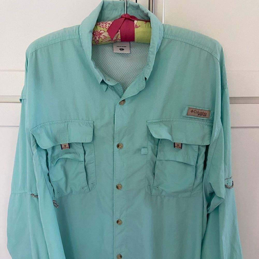 Columbia Mens PFG Button Down Shirt Fishing Vented Caped Long Sleeve Nylon Large
